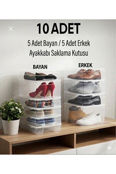 Nex10 10’lu Kadın ve Erkek Ayakkabı Kutusu Şeffaf Kapaklı Organizer Erkek aya...