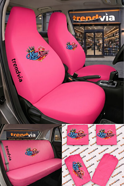 trivexa King & Queen Logo Car Seat Cover Front Rear Set – Combed Cotton Lycra...