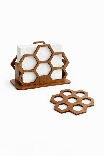 AS TASARIM LAZER Decorative Wooden Napkin Holder and Set of 6 Coasters