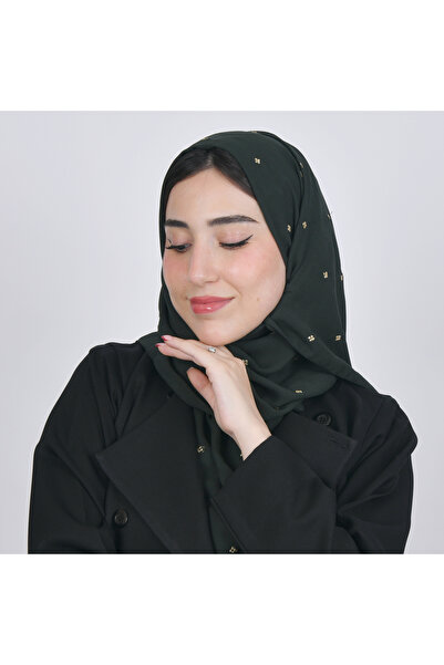 HAWRAA ABAYA Olive Green Silk Fabric with Scattered Gold Floral Embroidery.