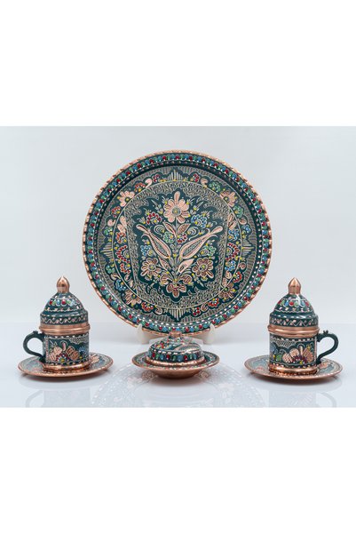 ERİZA Special Presentation Set with 2 Cups, Tray, and Turkish Coffee Cup, Handcrafted Copper Coffee Set
