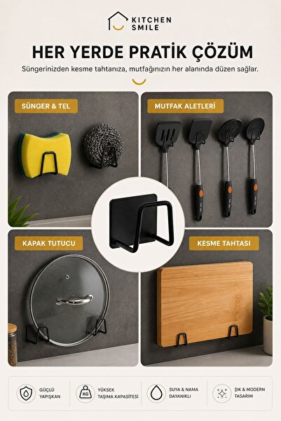 Kitchen Smile Siyah Yapışkanlı Bulaşık Süngeri Tutucu Evye Düzenleyici Süngerlik 1 Adet