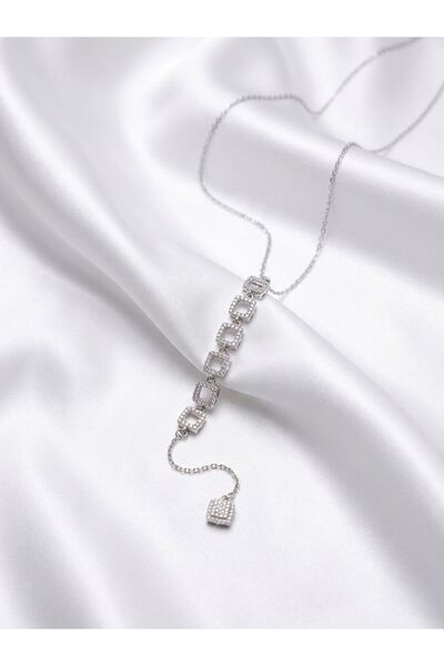 NUR TASARIM ATÖLYESİ Square Zircon Stone Women's Silver Y Necklace Stainless ...