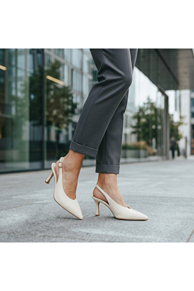 Lunetti Lucia Krem Cilt Sivri Burun Arkası Açık Tokalı Slingback Kadın Ayakkabısı - Büyük Numara Topuklu Stiletto