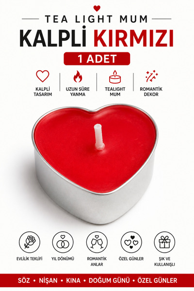 Organizasyon Pazarı Tealight Mum Kalpli Kırmızı 1 Adet Kokusuz Tea Light Buhu...