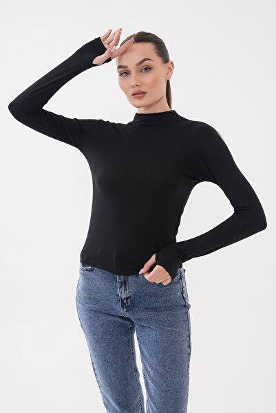 de zuzuu fashion Kadın Parmak Detaylı Yarım Balıkçı Yaka Likralı Penye Body