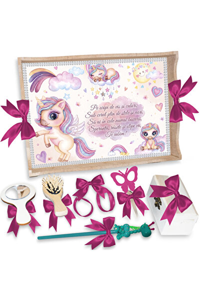 LoreBebe Set Tava Taiere Mot Fete, Tavita Mot, 7 Piese, Model Unicorn, 32x24 cm
