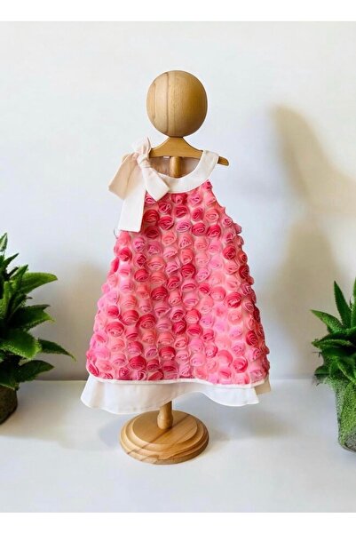 Cumino Pembe Güllü Kız Çocuk Yaz Elbisesi, Pembe Güllü Bayram Elbisesi, Güllü...