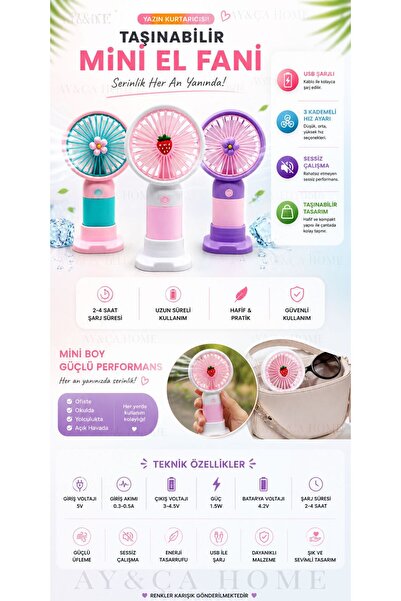 AY&ÇA HOME Şarjlı Mini Taşınabilir El Fanı - Sessiz USB Masaüstü Vantilatör