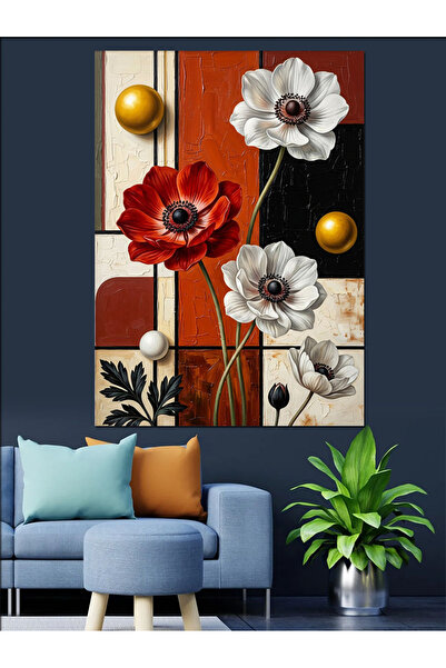 Artmeg Pânză decorativă cu flori roșii și albe cu grafică modernă - Tablou di...