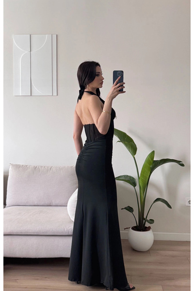 Zoom Butik Bel Korse Maxi Elbise - SİYAH