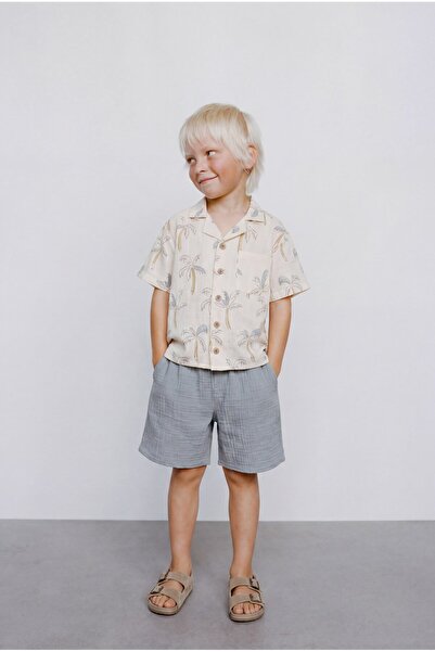 Magu Boy's Cotton Palm Blue Patterned Shirt Shorts Set