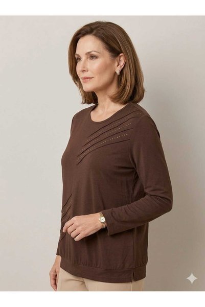 Uludağ Triko Anne Combed Cotton Comfortable Fit Crew Neck Stone Embroidered
