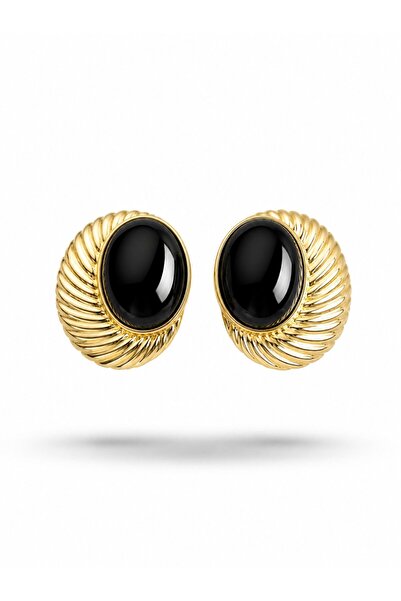 serelya Brass Gold Color Black Beaded Oval Vintage Women Earrings