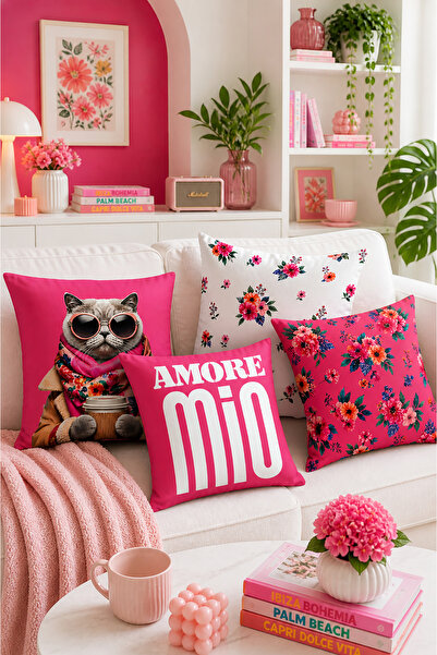 Bertille Home Set de 4 huse de pernă cu imprimeu digital pe două fețe din ser...