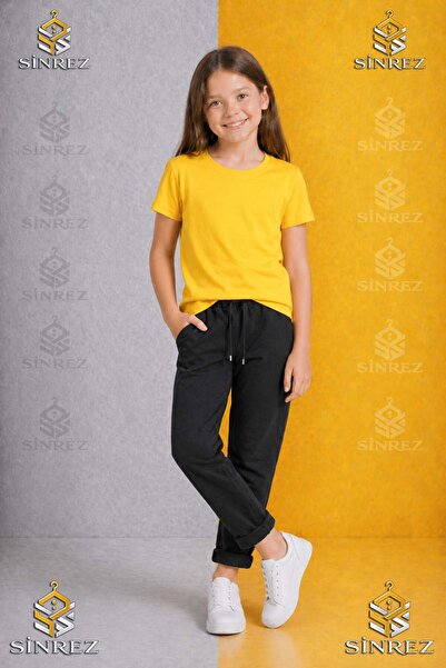 SİNREZ Girls' Plain Trousers 4.Mdl Elastic Waist Lycra Folded Leg Style