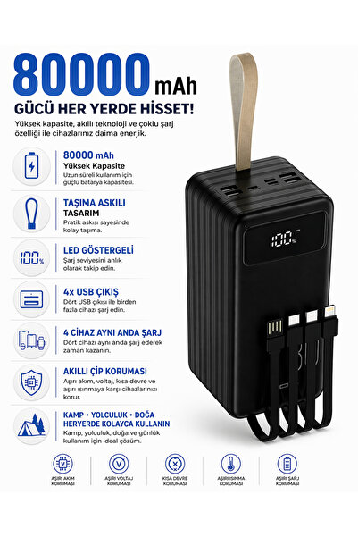 HİBOTEKNO 80000 mAh Outdoor Powerbank Taşınabilir Şarj Cihazı 4 USB Çıkışlı K...