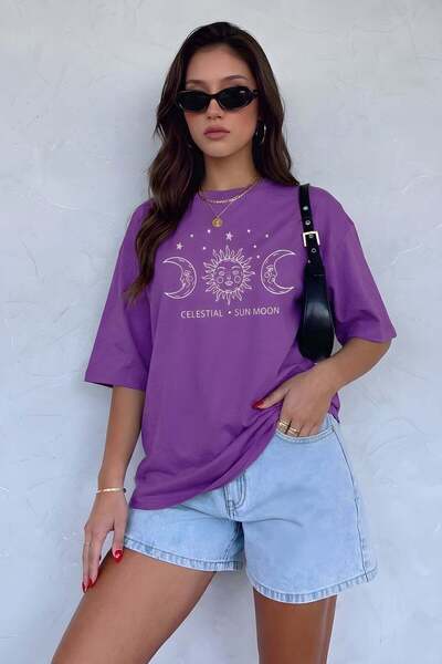 VACHT Women's Oversize Casual T-Shirt Celestial Sun Moon Printed Purple