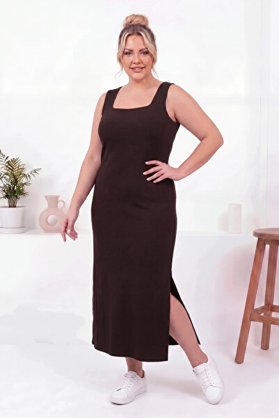 PLUSSELLE Plus Size Slit Square Neck Brown Dress