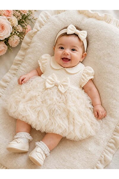 Serkon Bebe Yaka Fiyonklu Tüllü Elbise 6-36 Aylık -1003503 - KREM
