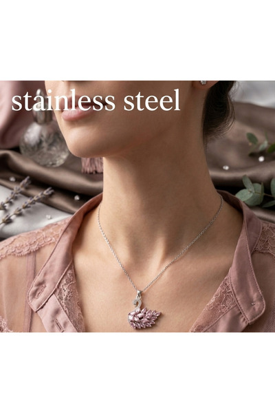 stainless steell Silver Color Pink Zircon Stone Swan Model Tarnish-Resistant ...