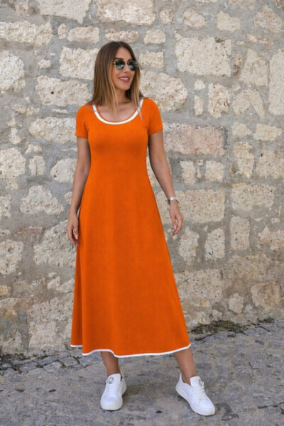 Efnaz style فستان نسائي قصير الأكمام بياقة مستديرة ولون مميز من الفيسكون بطول...