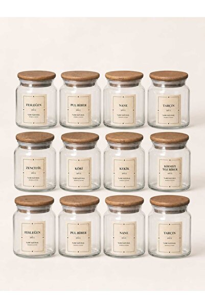 Durina Living 12-Piece Acacia Lid Glass Spice Jar Set 300 ml |   Vintage Spic...