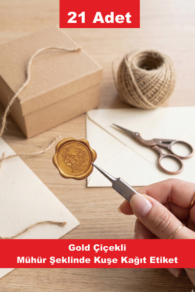 Tieni 21 Adet Gold Çiçek Motifli Mühür Şeklinde Kuşe Kağıt Etiket - Zarf ve D...
