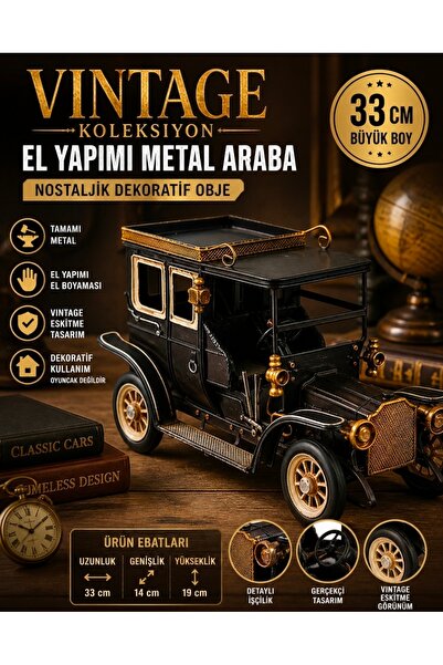 KOLAYEV Dekoratif Metal Klasik Araba Modeli 33 Cm Vintage Eskitme El Yapımı N...