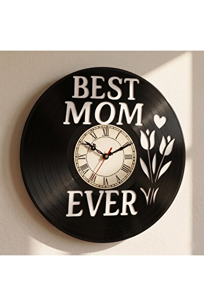 Handmade Best Mom Ever Yazılı Plak Duvar Saati - Anneler Günü Hediyesi