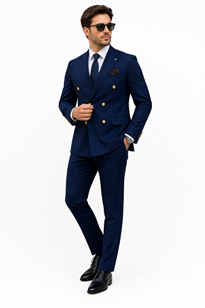 NRN Lacivert Kruvaze Erkek Takım Elbise Gold Düğmeli Slim Fit Damatlık & Özel...