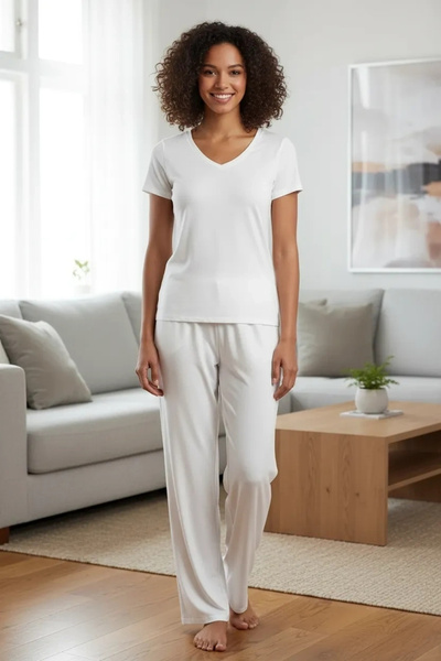 Beruflic Women's Ecru Soft Textured Minimal V-Neck Top Basic Stylish Casual B...
