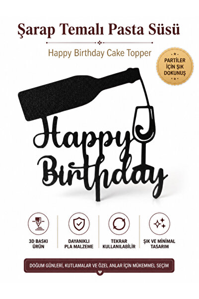 LİYA3D Şarap Temalı Happy Birthday Pasta Süsü – 3D Baskı Siyah