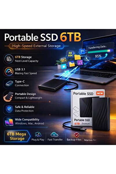 Generic 6TB Portable SSD External Storage Drive, USB 3.1 Type-C High Performance External Solid-State Drive, Ultra Slim Portable Hard Drive Compatible with Laptop, PC, Mac & Android – Plug & Play