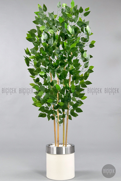 BİÇİÇEK Yapay Benjamin ağacı 140cm krem gumus metal saksıda