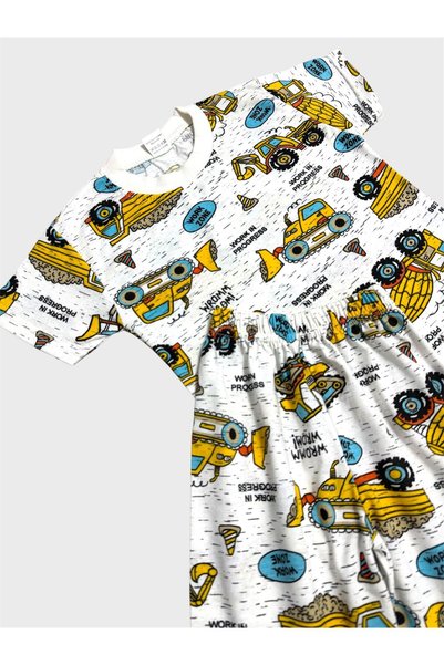 ALİŞ KİDS Boy's Cotton White Car Engineering Vehicle Patterned Short Sleeve Shorts Summer Pajama Set