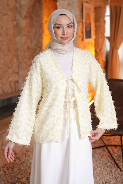 İmajButik Yellow Front-Tie Tasseled Kimono