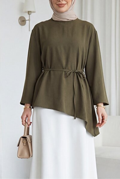 Modamorfo Asymmetrical Cut, Lace-Up Waist, Oversize Modal Tunic - Camouflage