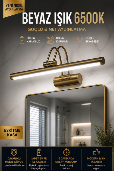 luxshome Pilli Eskitme Gold LED Duvar Apliği 6500K Beyaz Işık Tablo Üstü Aydı...