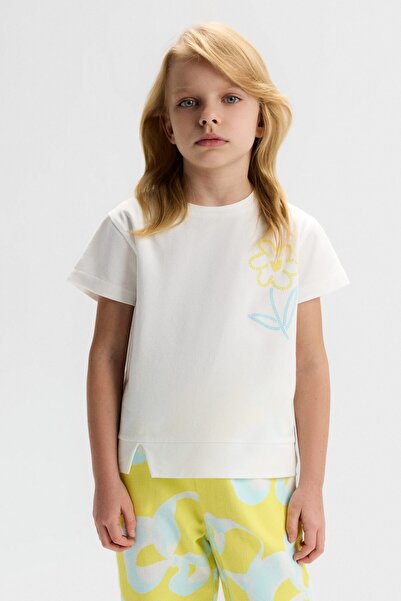nk kids Nk Girl's Shoulder Flower Print Short Sleeve T-Shirt 4-8 Years Ecru -...