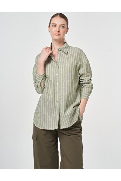 Kayra Stripe Pattern Cotton Linen Tunic Khaki
