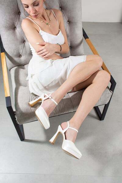 FSKOMBİN Oslo Women's White Pointed Toe Platform Heeled Wedding Dress Shoes