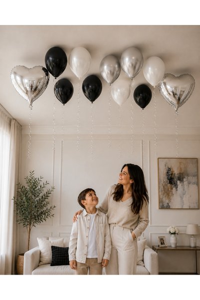BOXLAND 12-Piece Black White Silver Balloon Set Compatible with Helium, Birthday Party Decoration Set with 2-Piece 18-Inch Heart Foil Balloons