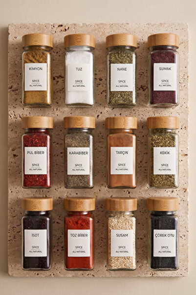 Sevinse Home Natura 12’li Bambu Kapaklı Baharatlık Seti 120 mL - 16 Adet Etiket
