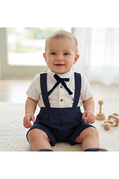 kidstalya Navy Blue Rope Tie Detail Baby Boy Salopet