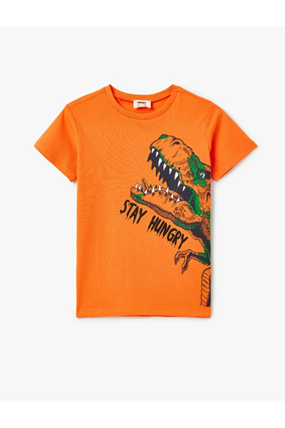 Koton Boys' Dinosaur Print Crew Neck Short Sleeve Cotton T-Shirt