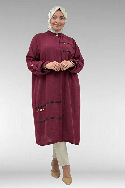 Eslina 68031 Büyük Beden Şerit Detaylı Keten Gömlek - Bordo