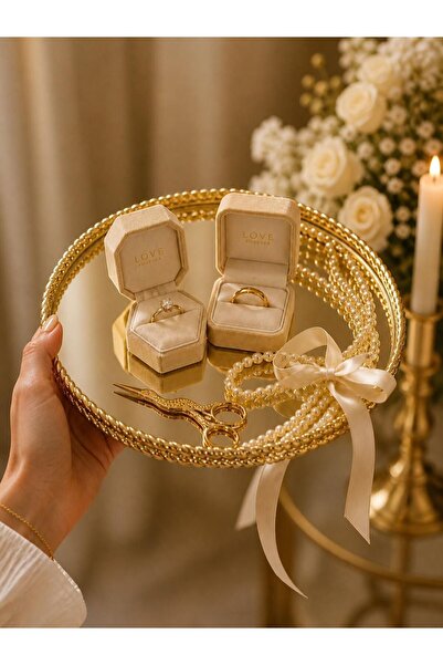 RoyalDecorHome Aynalı Metal Gold Burma Hasırlı Söz, Nişan Tepsi&Sunumluk
