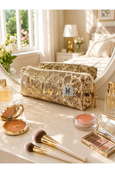 MAKE BAG ENİ LEOPAR ALTIN SİMLİ SAÇ ŞEKİLLENDİRİCİ MAKYAJ ÇANTASI