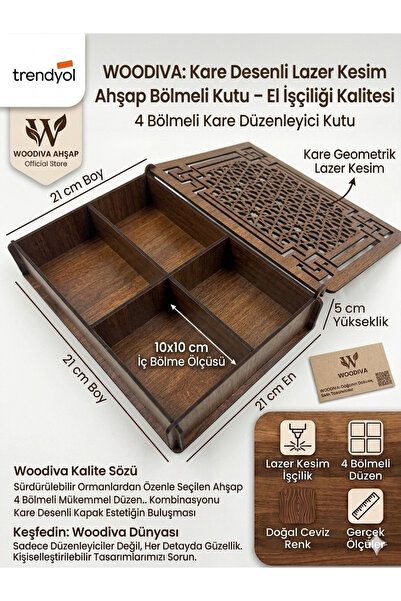 WOODIVA AHŞAP Woodiva 4 Bölmeli Kare Ahşap Organizer Kutu - 21x21 cm Ceviz Re...